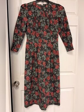 Prada Black Long-Sleeve Midi Dress with Red Rose Print